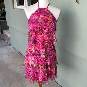 Saloni Pink Silk Floral Halter Tiered Ruffle Dress Size 6 Resort Party